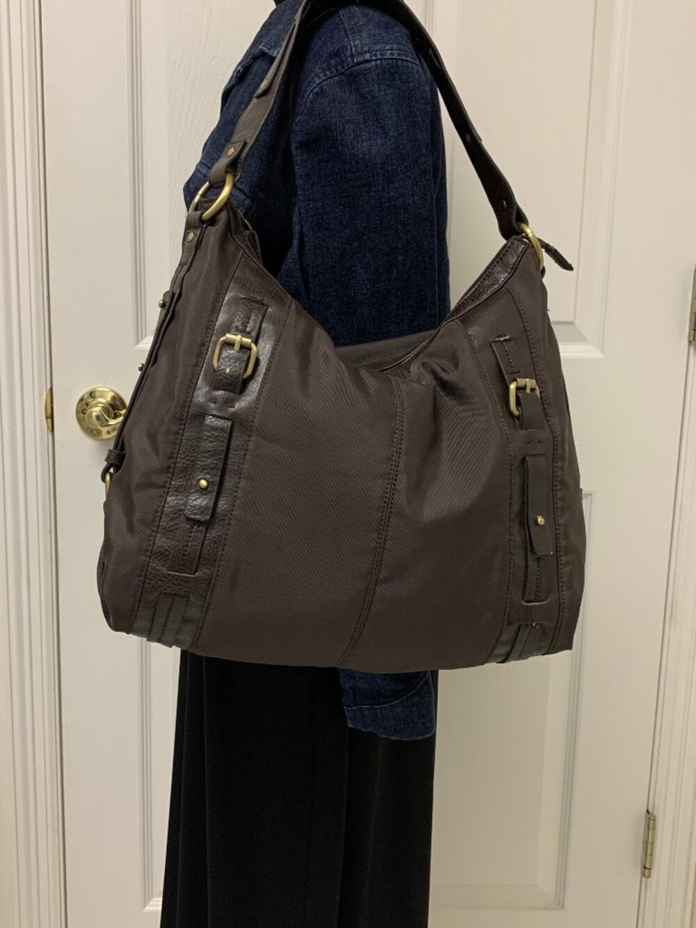 Vintage Sisley Large Chocolate Brown Nylon Slouchy Hobo Shoulder Bag